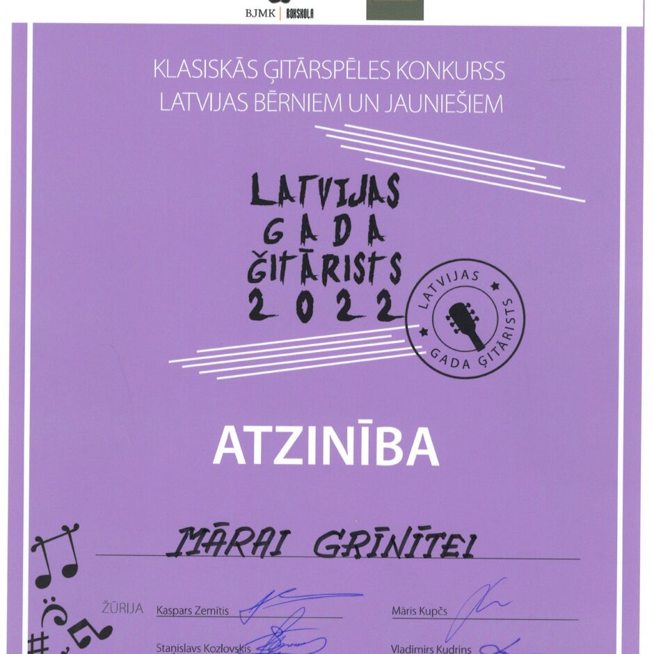 Atzinības raksts M.Grīnītei par dalību konkursā